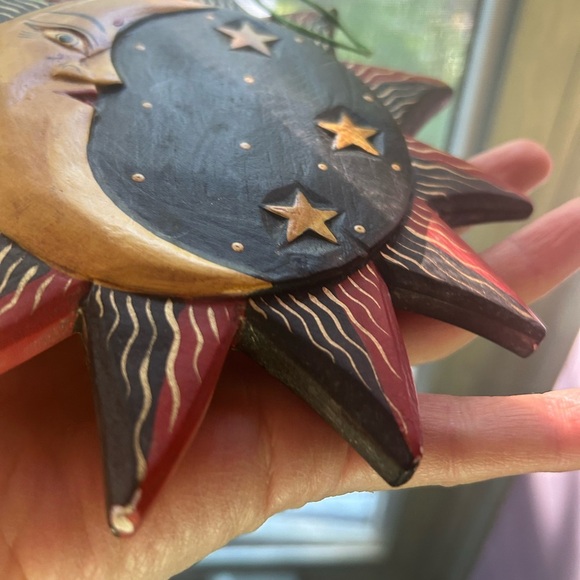 Vtg Wooden Hand Painted Sun Moon Face Hanging Ornament Christmas Indonesia 7” - Picture 7 of 16